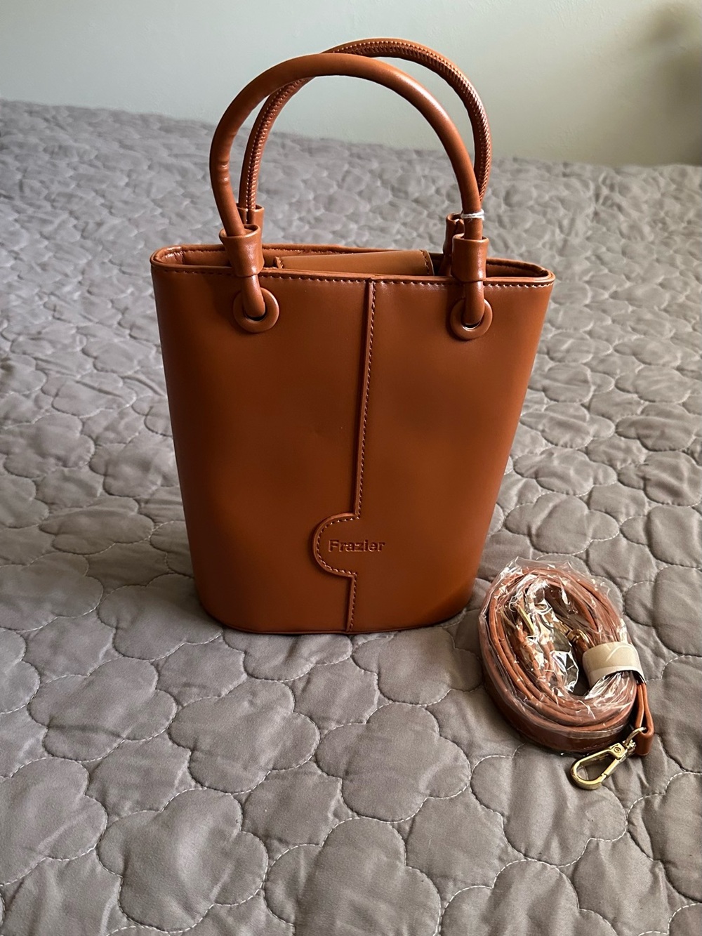NWT FRAZIER Tan Leatherette Mini Tote Bag with Detachable Strap
